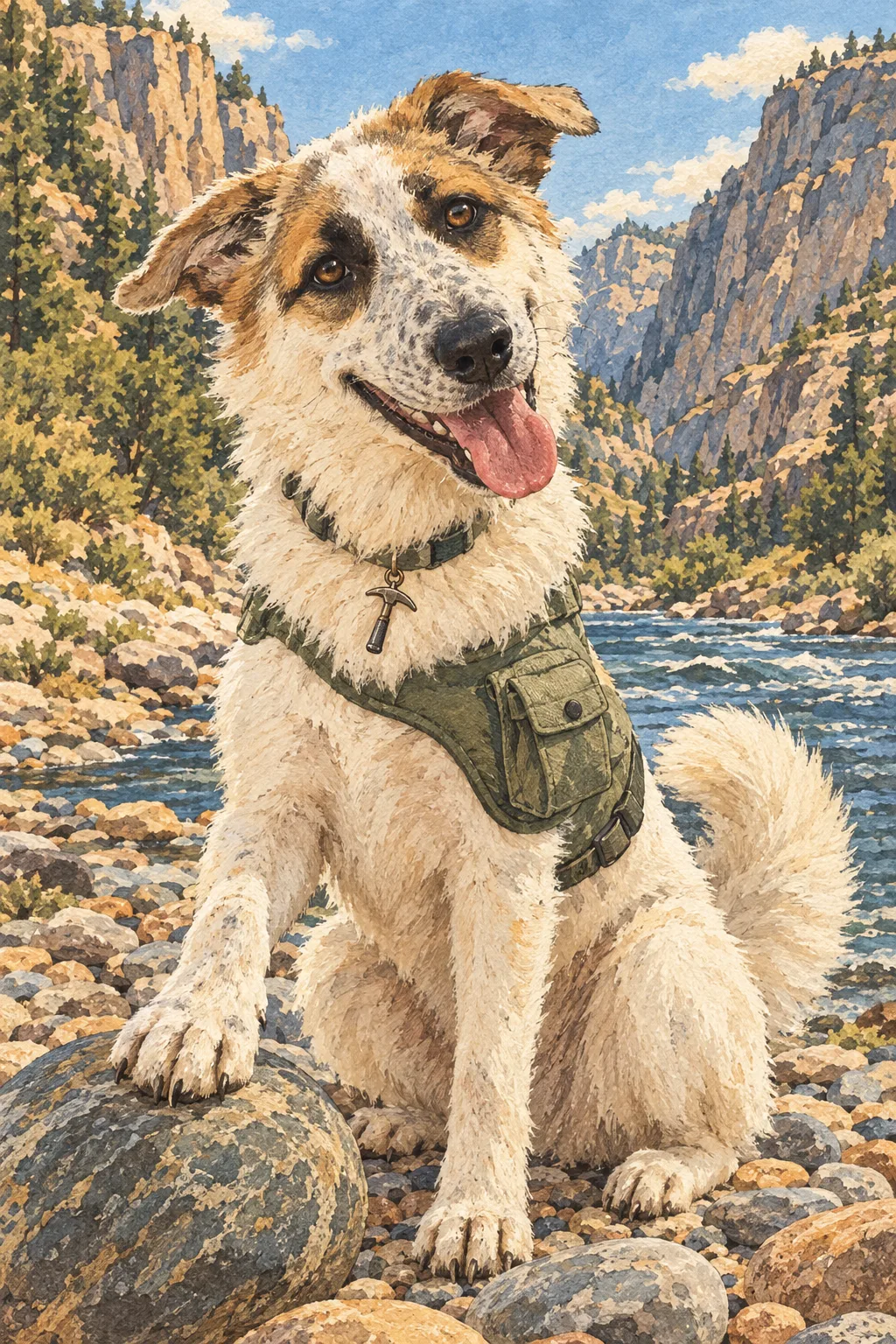 Illustration of Dante, a fluffy white dog with tan-and-brown ear and eye patches and a speckled muzzle, wearing a little green field vest on a river gravel bar
