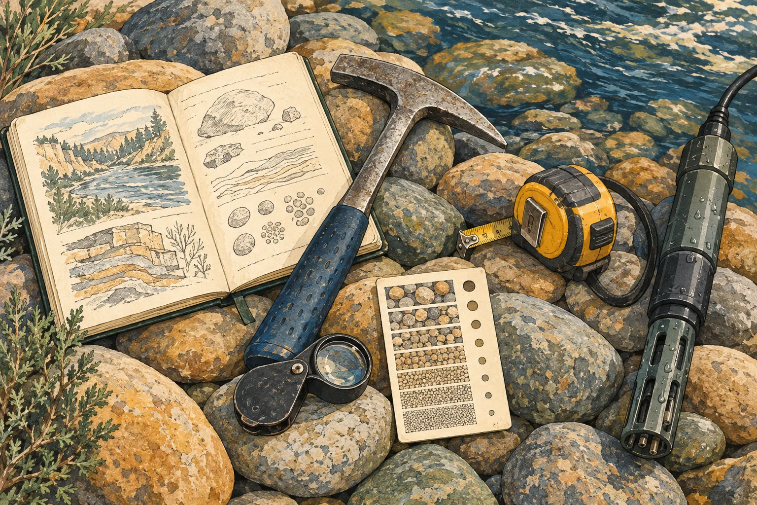Illustration of a field notebook, rock hammer, hand lens, and water-quality sonde on river cobbles