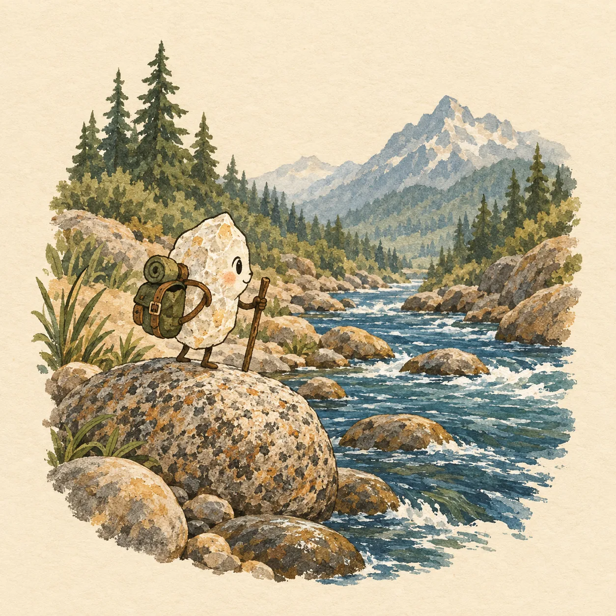 Cute illustrated sand grain character with a backpack, standing on a pebble by a river