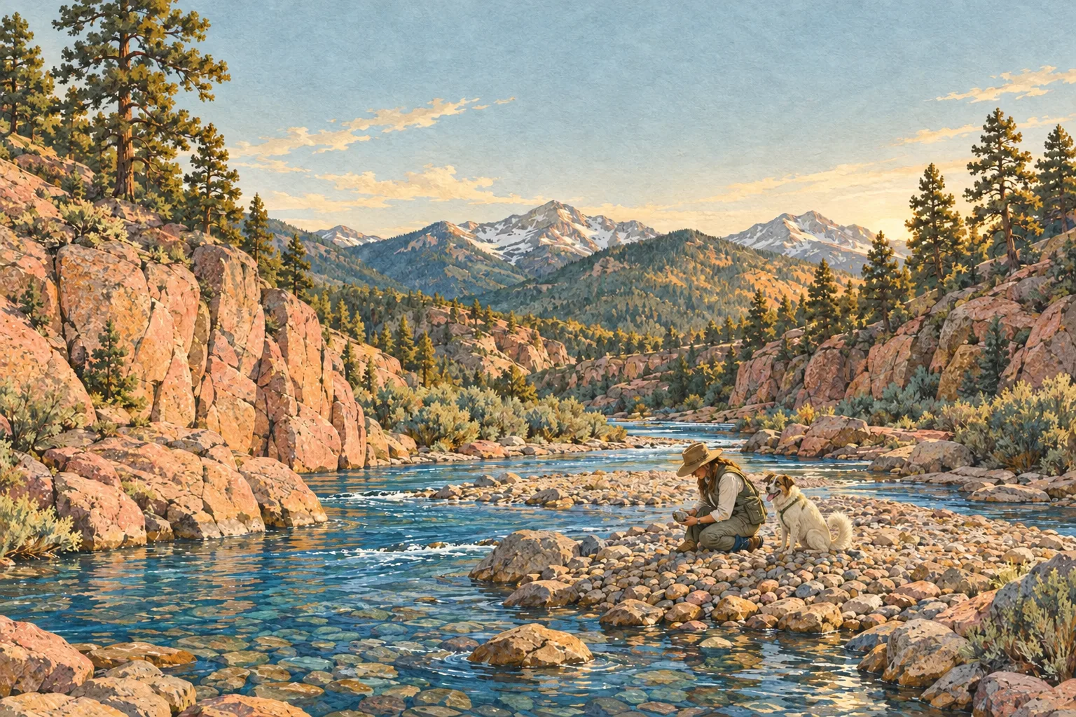Illustration of a geologist and her dog Dante on a gravel bar in a Colorado granite river canyon at golden hour