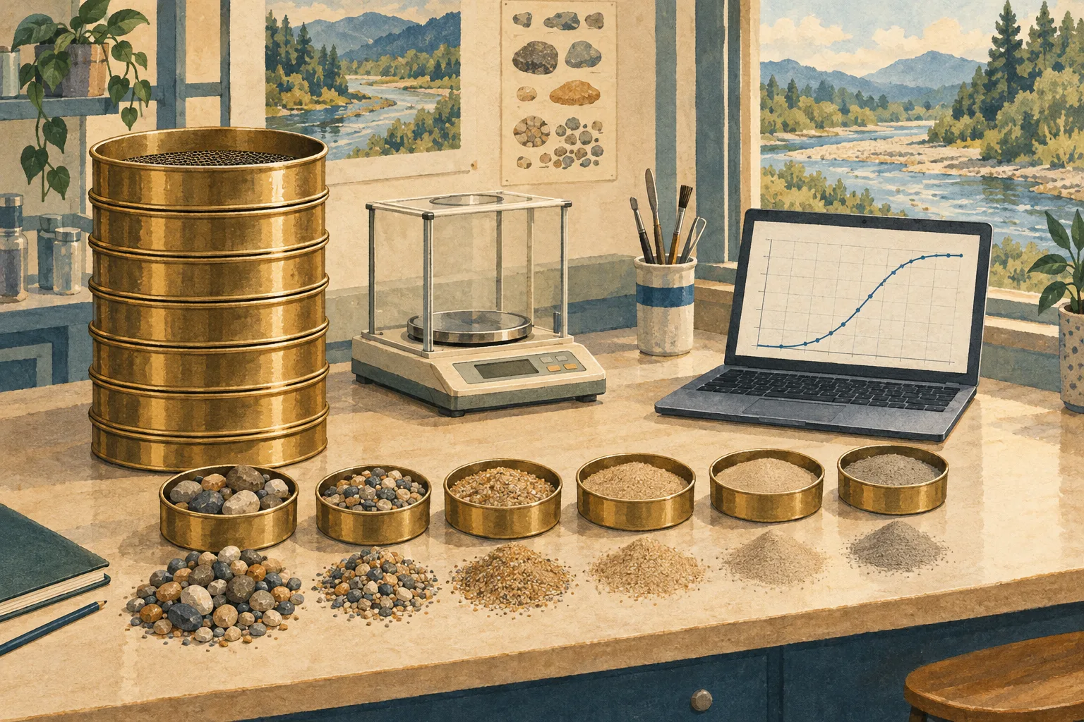 Illustration of brass grain-size sieves and sorted sediment on a lab bench