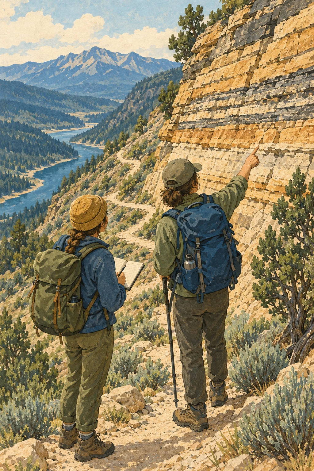 Two hikers studying rock layers on a trail