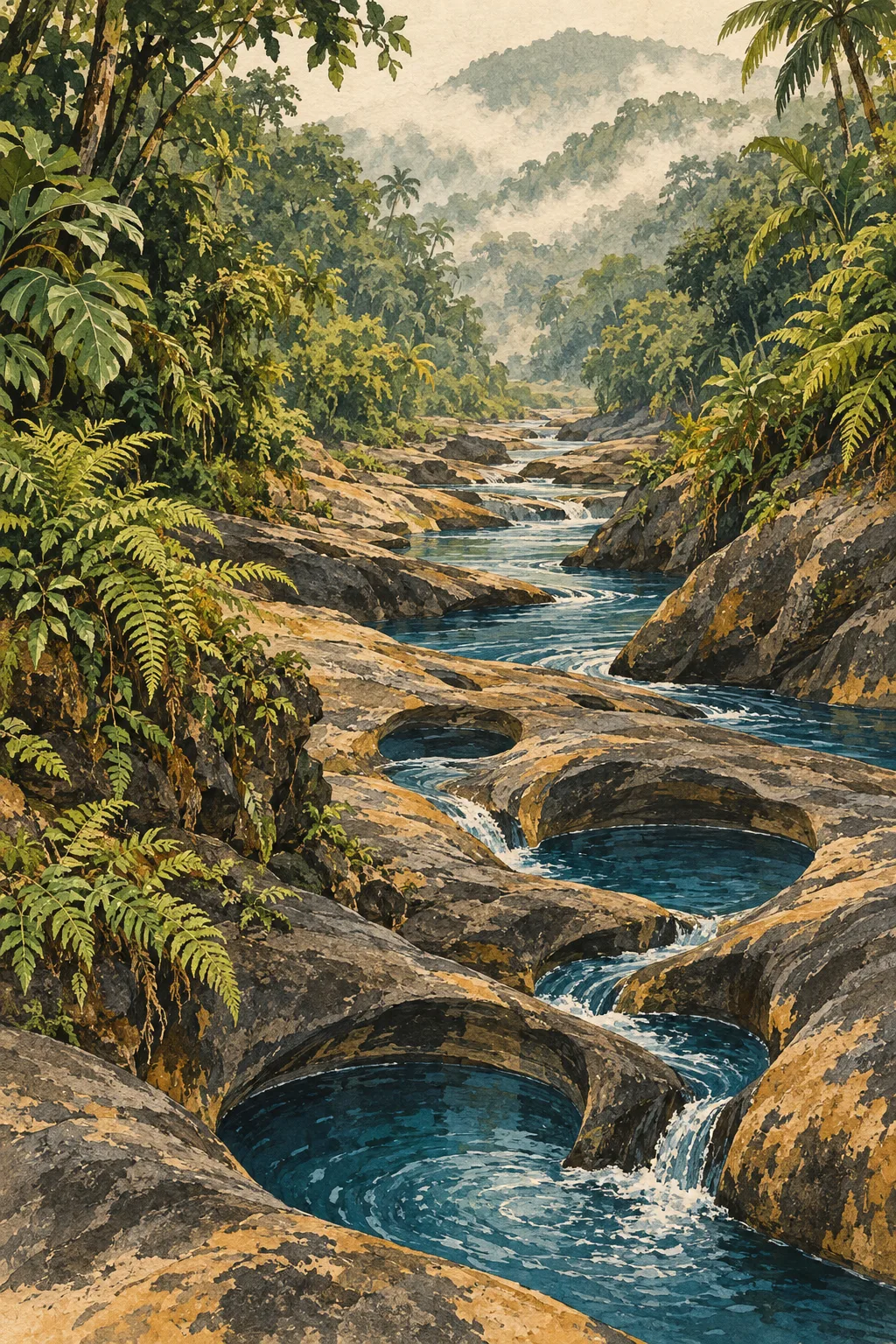 Illustration of a tropical river carving potholes into dark bedrock in Puerto Rico